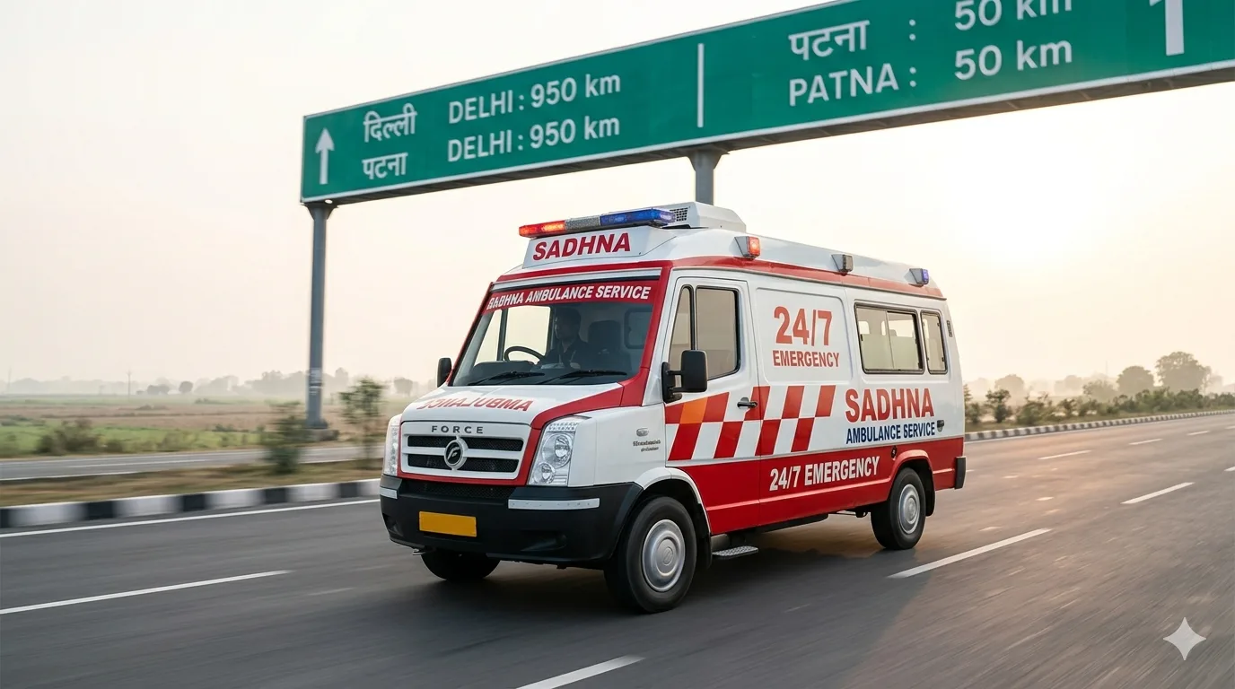 Ambulance on the highway near Patna, available 24×7 for long-distance transfers